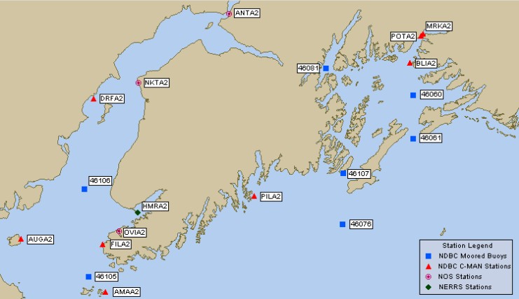 Mesomap of nearby weather buoys