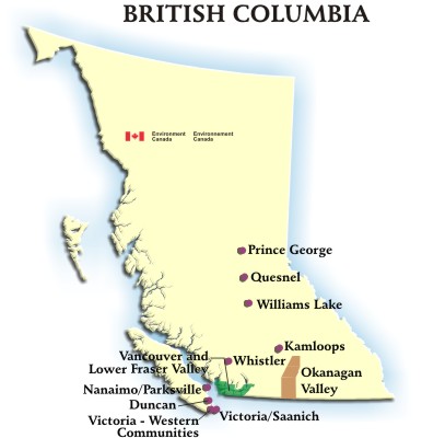 Image showing the map of British Columbia with hyperlinks to the AQHI readings for Duncan, Kamloops, Nanaimo/Parksville, Okanagan Valley, Prince George, Quesnel, Vancouver and Lower Fraser Valley, Victoria-Western Communities, Victoria-Saanich, Whistler and Williams Lake