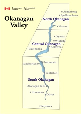 Image showing the map of Okanagan Valley with hyperlinks to the AQHI readings for North Okanagan, Central Okanagan and South Okanagan