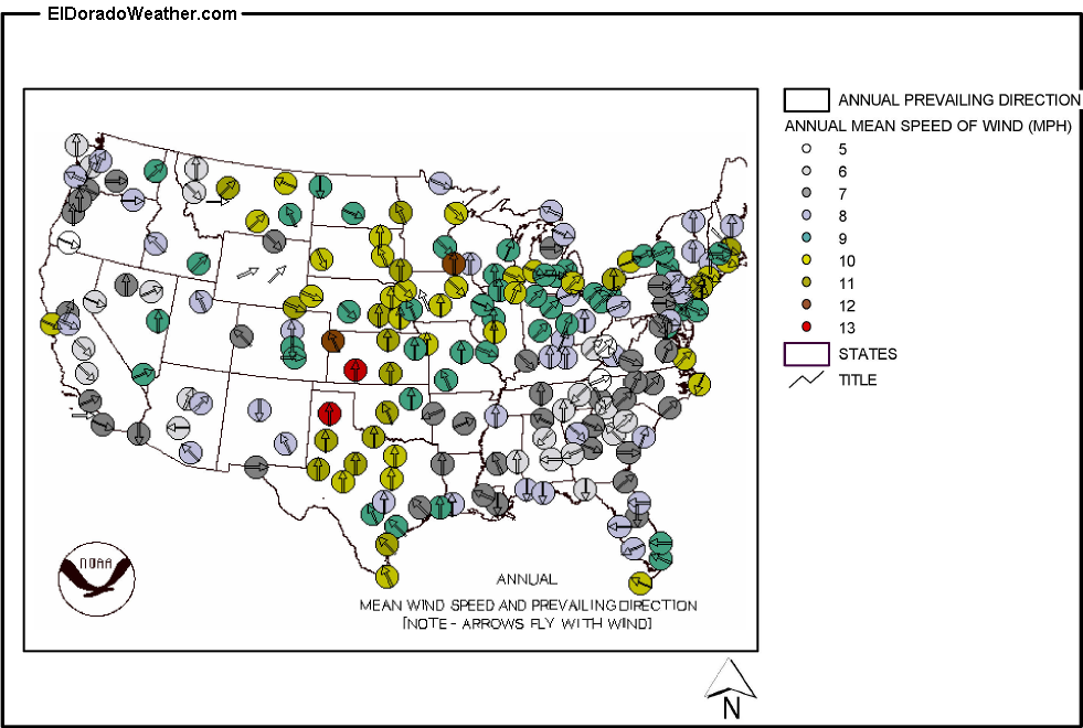 Wind Direction Map Usa United States Yearly [Annual] and Monthly Mean Wind Speed and 