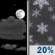 Tuesday Night: A 20 percent chance of snow after 3am.  Partly cloudy, with a low around 21. Southeast wind 5 to 10 mph. 