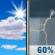 Friday: Showers likely and possibly a thunderstorm between noon and 3pm, then showers and thunderstorms likely after 3pm.  Increasing clouds, with a high near 82. East wind around 5 mph becoming south southwest in the afternoon.  Chance of precipitation is 60%.